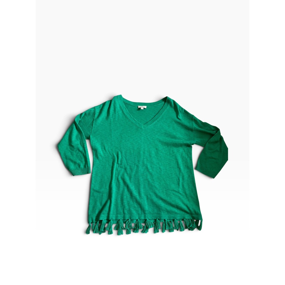 Talbots V-Neck Sweater Petite P Green Tassel Fringe 3/4 Sleeve Knit Top